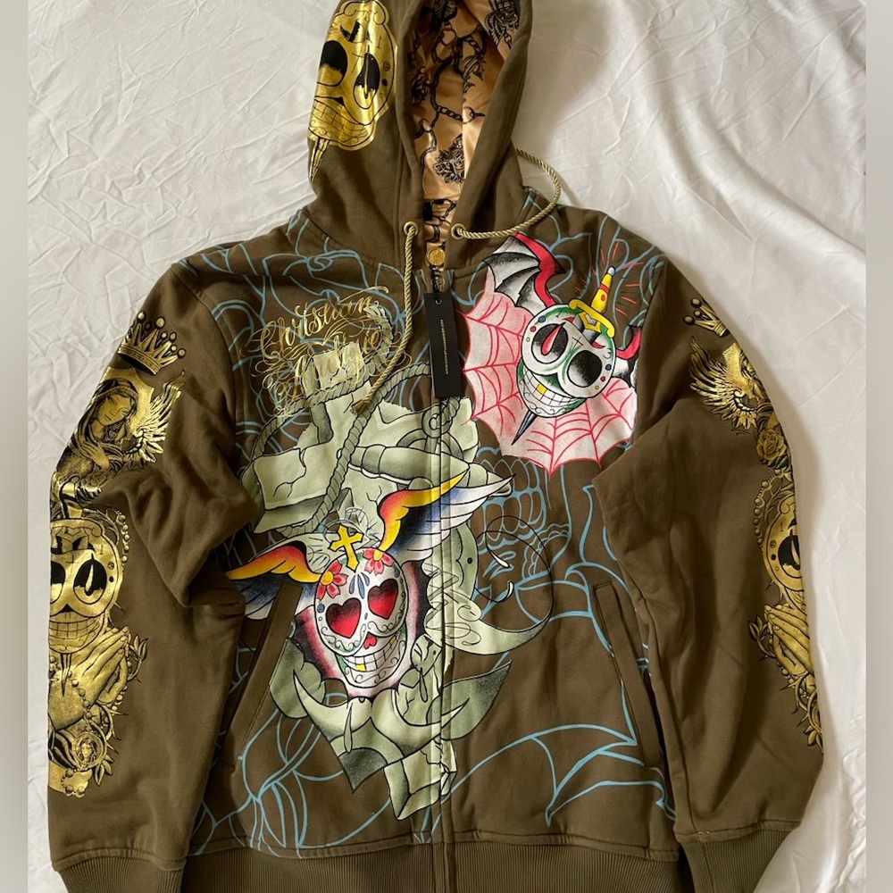 Christian Audigier Olive Hoodie with Skull and Chain Design